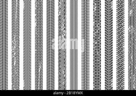 Reifen fahren auf Laufbahnen. Verschmutzte Reifenspur, Grunge Textur liest Muster und Vektor-Illustrationssatz für LKW-Autospuren Stock Vektor