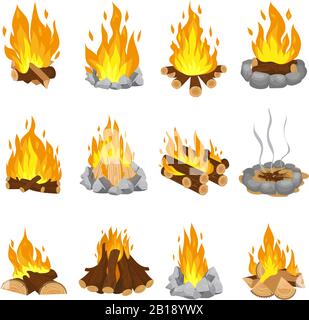 Holzcampfire. Feuer im Freien, brennende Holzstämme und Camping-Stein-Kamin Cartoon Vektorgrafiken Stock Vektor