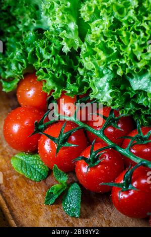 Acht Tomaten in der Nähe von Salat und Minzblättern, alles in Wassertropfen. Schöne Tomaten mit einem schönen grünen Zweig. Stockfoto