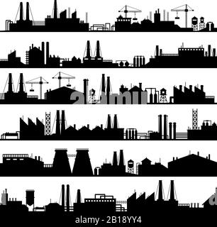 Silhouette im Fabrikbau. Industriefabriken, Raffineriepanorama und Herstellung von Gebäuden Skyline Vektor Illustration Set Stock Vektor