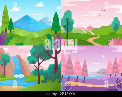 Flache Landschaft. Sommerfeldlandschaft, Waldfauna und Wasserfalllandschaften. Hintergrunddarstellung von Bergen und bewölktem Himmel Stock Vektor