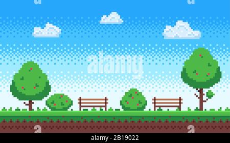 Pixelpark. Retro 8-Bit-Spiel blauer Himmel, Pixel Bäume und Parks Bank Vektorgrafiken Stock Vektor