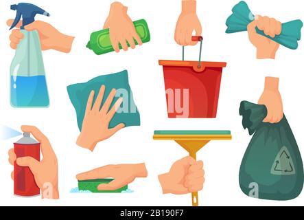 Reinigungsprodukte in den Händen. Handhaltewaschmittel, Haushaltswaren und Reinigungmittel Cartoon Vector Illustration Set Stock Vektor
