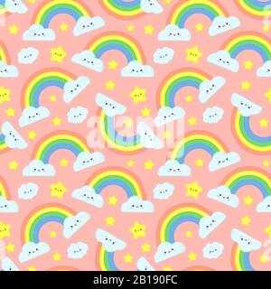 Süße Regenbogenwolken mit nahtlosem Muster. Rosafarbener Sternenhimmel, lustige Regenbögen und glückliche Illustration von Cartoon-Vektoren in der Wolke Stock Vektor