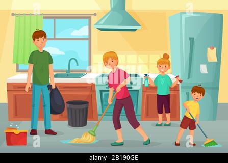 Familienreinigungsküche. Vater, Mutter und Kinder reinigen Küche zusammen Haushaltsstauchen und wischen Boden Cartoon Vektor-Illustration Stock Vektor