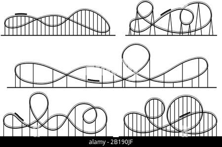 Achterbahn-Silhouette. Vergnügungspark atractions, Switchback Attraction und Achterbahn-Vektor-Silhouetten gesetzt Stock Vektor