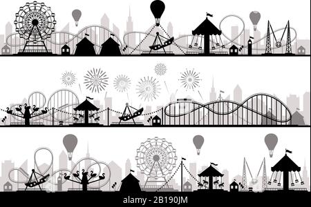 Vergnügungspark Landschaft. Carnival Achterbahnen Silhouetten, festliches Karussell und Farris Radparks Vektor-Silhouette Illustration Stock Vektor