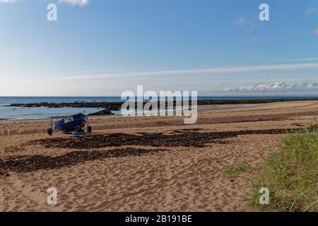 Ein kleines Fischerboot aus Holz auf seinem Anhänger am Strand von East Haven, das darauf wartet, gestartet zu werden, wenn die Flut an einem Summer-Abend kommt. Stockfoto