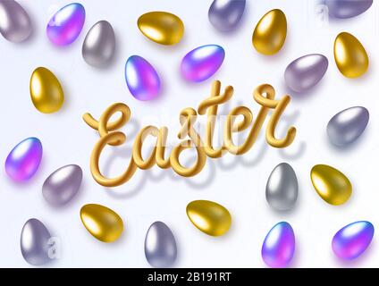 Frohe ostern mit holografischen, goldenen und silbernen Eiern. 3D-realistische Metallic-Schriftzüge Ostern. Horizontale Vorlage für Produkte, Werbung, Web Stock Vektor