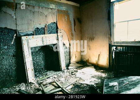 Interieur des verlassenen Crofters House, Isle of Harris, Äußere Hebriden, Schottland Stockfoto