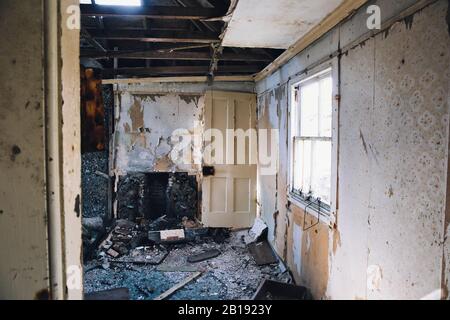 Interieur des verlassenen Crofters House, Isle of Harris, Äußere Hebriden, Schottland Stockfoto