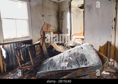 Interieur des verlassenen Crofters House, Isle of Harris, Äußere Hebriden, Schottland Stockfoto