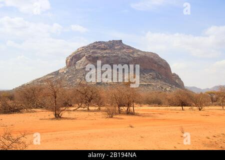 Afrikanische trockene heiße Savanne mit getrockneten Pflanzen und Bergen im Hintergrund Stockfoto