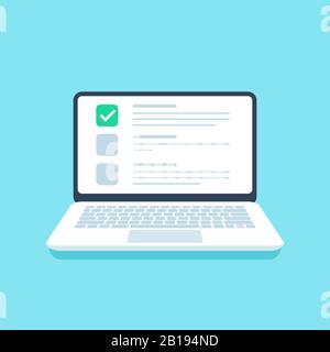 Checkliste für Online-Quiz. Web-Untersuchung, Optionen auf dem Laptop-Bildschirm und Fragebogen-Checklisten Vektordarstellung Stock Vektor