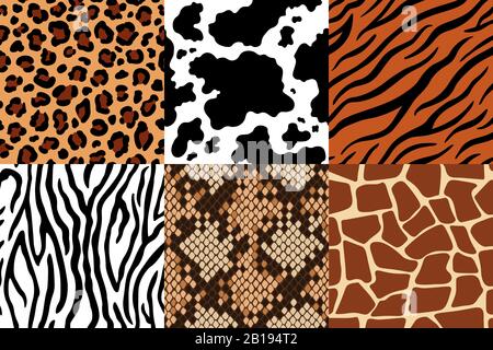 Muster für Tierhäute. Leopardenleder, Stoffzebra und Tigerhaut. Safari-Giraffe, Kuh-Druck und nahtlose Schlangenmuster Vektor-Set Stock Vektor