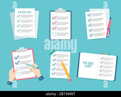 Geschäftscheckliste. Überprüfung der Prioritätsliste, Checkliste und Überprüfung des Papiers für die Durchführung von Checklisten für flache Vektorgrafiken Stock Vektor