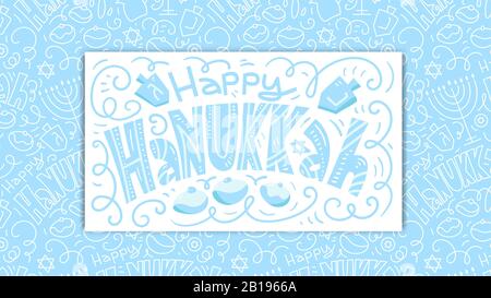 Happy Hanukkah Greeting Card template Design. Urlaub Symbole: menora (Leuchter), Kerzen, Donuts, Geschenke, Dreidel. Hand Vector Illustration gezeichnet Stock Vektor