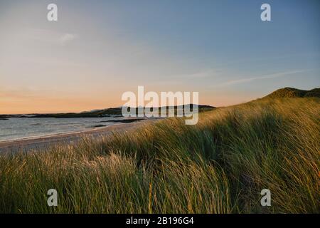 Maschinengräser wehten im Wind bei Sonnenuntergang über der abgelegenen Sanna Bay, Ardnamurchan-Halbinsel, Schottland Stockfoto