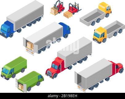 Logistische isometrische Fahrzeuge mit Transport. Lastkraftwagen, Transportwagen für Frachtcontainer und Anhängerlader. Vans 3D-Vektorgrafiken Stock Vektor