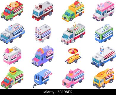 Isometrische Lebensmittelfahrzeuge. Straßenkarren, Hot Dog Truck und Outdoor-Kaffee, der Markt 3D-Vektorgrafik-Set verkauft Stock Vektor