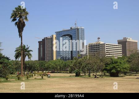 Nairobi, Kenia - 17. Januar 2015: Zentraler Stadtpark mit Palmen und Blick auf das Business Center Stockfoto