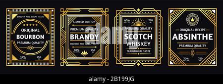 Etikett mit Art-Deco-Alkohol. Vektorgrafiken aus Vintage Bourbon, Retro-Brandy und Absinth-Etiketten Stock Vektor