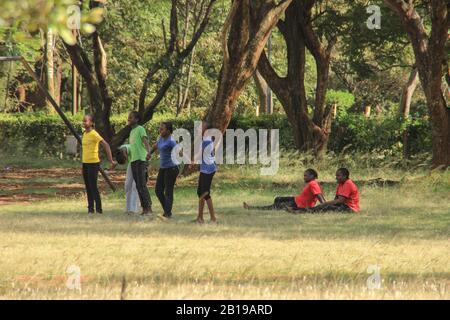 Nairobi, Kenia - 19. Januar 2015: Eine Gruppe afrikanischer schwarzer Kinder spielt das beliebte Kinderspiel "Break the Chains" im Nairobi School Stadium Stockfoto