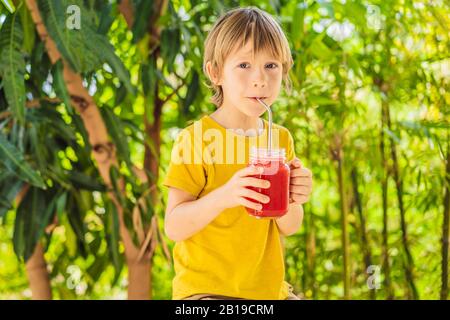 Junge, der Gesunde Wassermelonen-Smoothie in Mason jar hält Stockfoto