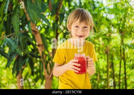 Junge, der Gesunde Wassermelonen-Smoothie in Mason jar hält Stockfoto