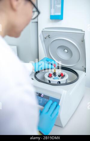 Techniker in blauen Handschuhen, der das Reagenzglas zur Zentrifuge bringt Stockfoto