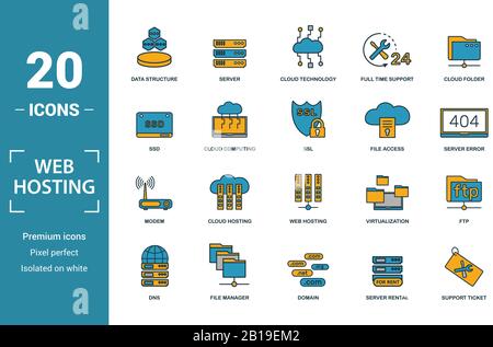 Web Hosting Icon Set. Kreative Elemente Daten Struktur gehören, Cloud Technologie, SSD, Zugriff auf die Datei, Modem Symbole. Kann für den Bericht verwendet, Präsentation. Stock Vektor