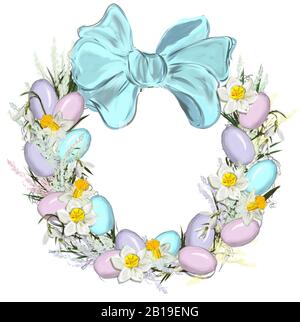 Osterkranz mit bunter Eierhand gezogen. Zierrahmen: Eier, Blumenelemente und blauer Bogen. Stockfoto