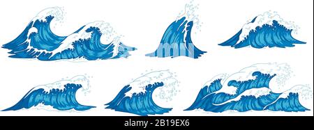 Meereswellen. Rasende Seewasserwelle, alte Sturmwellen und Wellen von Hand gezeichnete Vektorgrafiken Stock Vektor