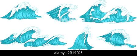 Seewelle. Klassische Ozeanwellen, blaue Flut und Gezeitenwelle, handgezeichnete Vektorgrafiken Stock Vektor