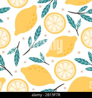 Nahtloses Zitronenmuster. Handgezeichnetes Doodle Citrus-Mix, Zitronen Slises und grüne Blätter Vektor-Hintergrund-Illustration Stock Vektor