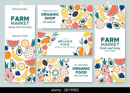 Obstbanner. Sommerfrüchte, Speisekarte für organische Speisen und Vektor-Illustrationsset für frische Ananas Banner Stock Vektor