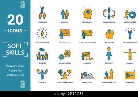 Soft Skills Icon Set. Kreative Elemente team Geist, die Persönlichkeit gehören, Selbstdarstellung, Motivation, Verhandlung Symbole. Kann für den Bericht verwendet werden. Stock Vektor