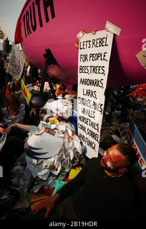 Extinction Rebellion, Occupy London: Ab Montag, 15. April 2019 organisierte Extinction Rebellion Demonstrationen in London, wobei sie ihre Aufmerksamkeit auf Oxford Circus, Marble Arch, Waterloo Bridge und die Gegend um den Parliament Square richtete. Aktivisten fixierten ein rosafarbenes Boot, das nach der ermordeten honduranischen Umweltaktivistin Berta Cáceres in der Mitte der belebten Kreuzung von Oxford Street und Regent Street (Oxford Circus) benannt wurde, und klebten sich darauf und stellten auch mehrere Gazebos, Topfpflanzen und Bäume auf, Eine mobile Bühne und eine Skate-Rampe, während sie auch die Waterloo Bridge besetzen (ref:Wikipedia). Stockfoto