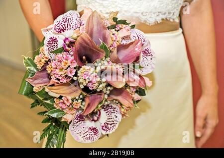 Buntes Bouquet mit Anthurien, Gannetblüten und kleinen Röschen. Flamingo-Lilie. Lily andraeanum Flamingo. Stockfoto