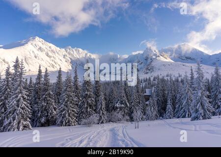 Große Berggipfel im Licht der untergehenden Sonne. Gasienicowa-Tal. Tatry. Stockfoto