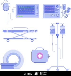 Medizinisches Symbol Set aus Defibrillator, MRT, intravenöse Infusion, Erste-Hilfe-Box isoliert auf weißem Hintergrund Stock Vektor