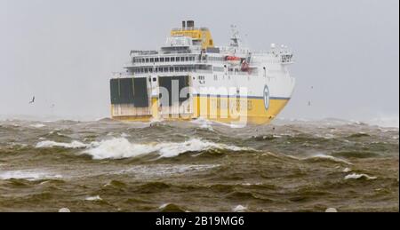 Newhaven, East Sussex, Großbritannien. Februar 2020. Cote D'Albatre Ferry, die den Hafen von Newhaven in Heavy Seas verlässt und die Südküste Großbritanniens weiter bekämpft. Credit: Alan Fraser/Alamy Live News Stockfoto