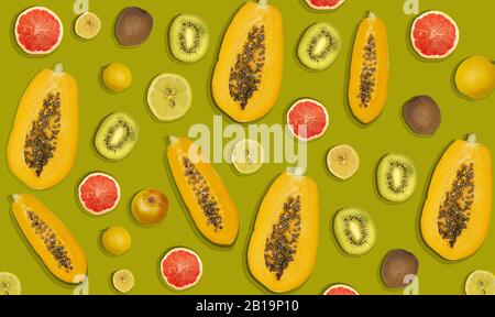 Collage-Foto von Papaya und Grapefruit mit gelbem Kopierraum, Frucht-Konzept Stockfoto