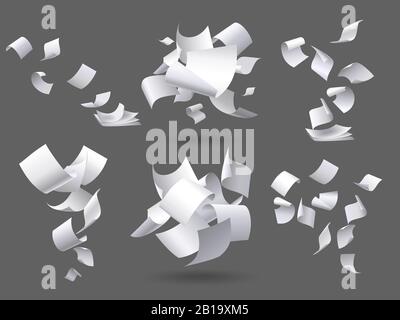 Herabfallende Papierblätter. Flying Papers Pages, White Sheet Documents und Leere Dokumentseite auf Wind Isolated Vector Illustration Set Stock Vektor