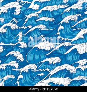 Sturzwellen - nahtloses Muster. Reißendes Ozeanwasser, Meereswelle und traditionelle japanische Stürme drucken Vektor-Illustration Hintergrund Stock Vektor