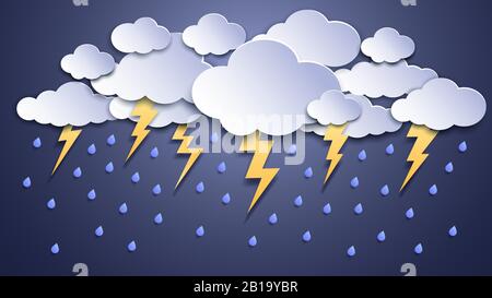 Sommergewitter. Sturmwolken, Gewitterblitze und Regenwetter. Vektorgrafiken von Donner und Lightnings aus Papier Stock Vektor