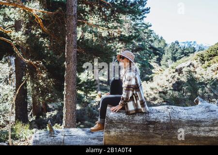 Eine blonde Frau mit Hut und Plaid Hemd, Besichtigungstour in einem Wald Stockfoto