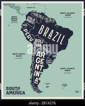Karte Südamerika. Plakatkarte von Südamerika Stock Vektor