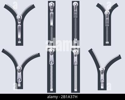 Offener und geschlossener Reißverschluss. Reißverschlüsse aus Metall, Dekomprimierverschluss und Stoffreißverschluss isoliert realistische Vektorgrafik Stock Vektor