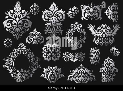 Vintage-Zierde im Stil des Barock. Verzierte Blumenmuster, luxuriöse Damast-Verzierungen und viktorianische Twill Damast-Muster Vektor-Set Stock Vektor